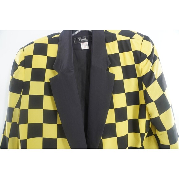 Plymouth Black & Yellow Checkered Statement Tailored Vintage Silk Blazer Size 8 - Picture 6 of 12